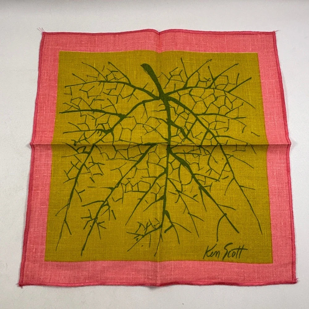 Vintage Ken Scott Napkin Set of 2 Green Pink Tree Leaf Print Linen